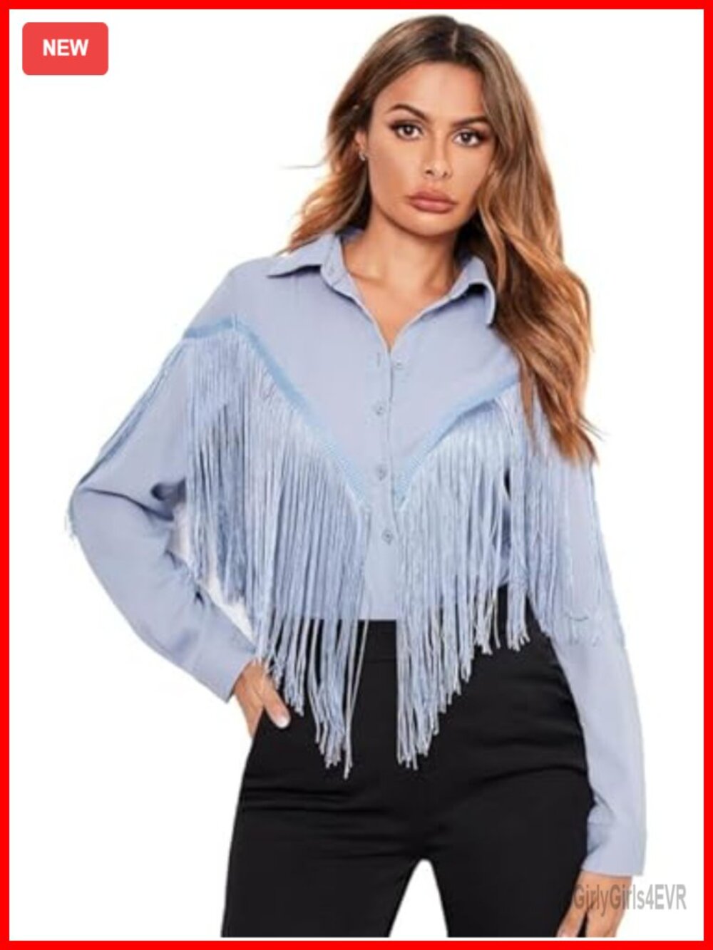 Fringe Trim Long Sleeve Button Up Blouse Shirt Top